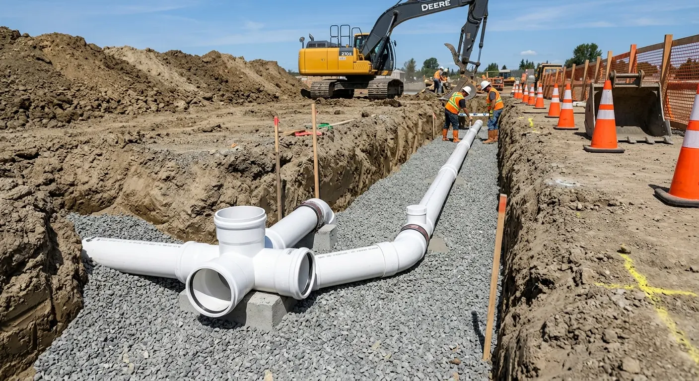 New PVC sewer pipe installation in open trench for Commercial Drain Cleaning in Grand Rapids